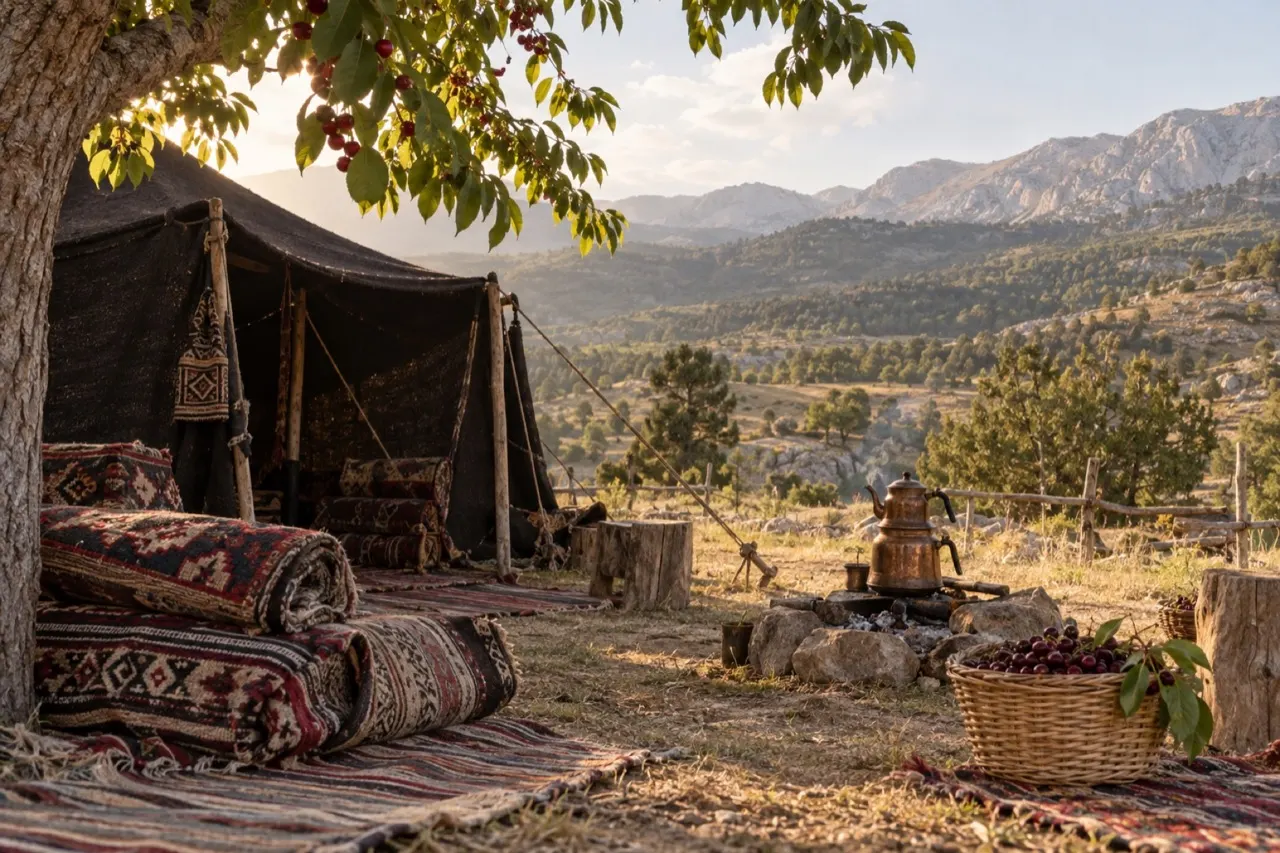 Varsak'ın yayla ve Yörük kültürünü anlatan temsili çadır, kilim ve kiraz sahnesi